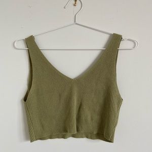 Mijeong Park Knit Green V Neck Fitted Crop Tank